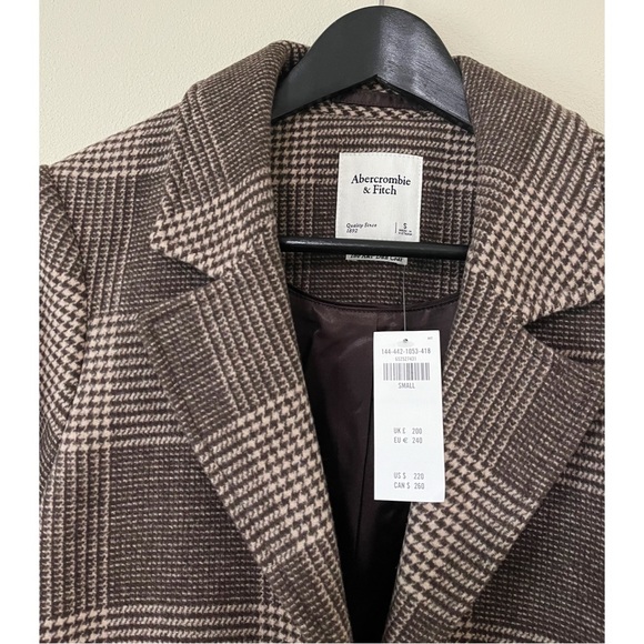 NWT Abercrombie & Fitch Size Small Brown Plaid The A&F Dad Coat Wool Blend - Picture 5 of 5